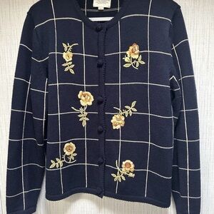 Susan Bristol Vintage Navy Striped Floral Embroidered Wool Blend Cardigan Preppy